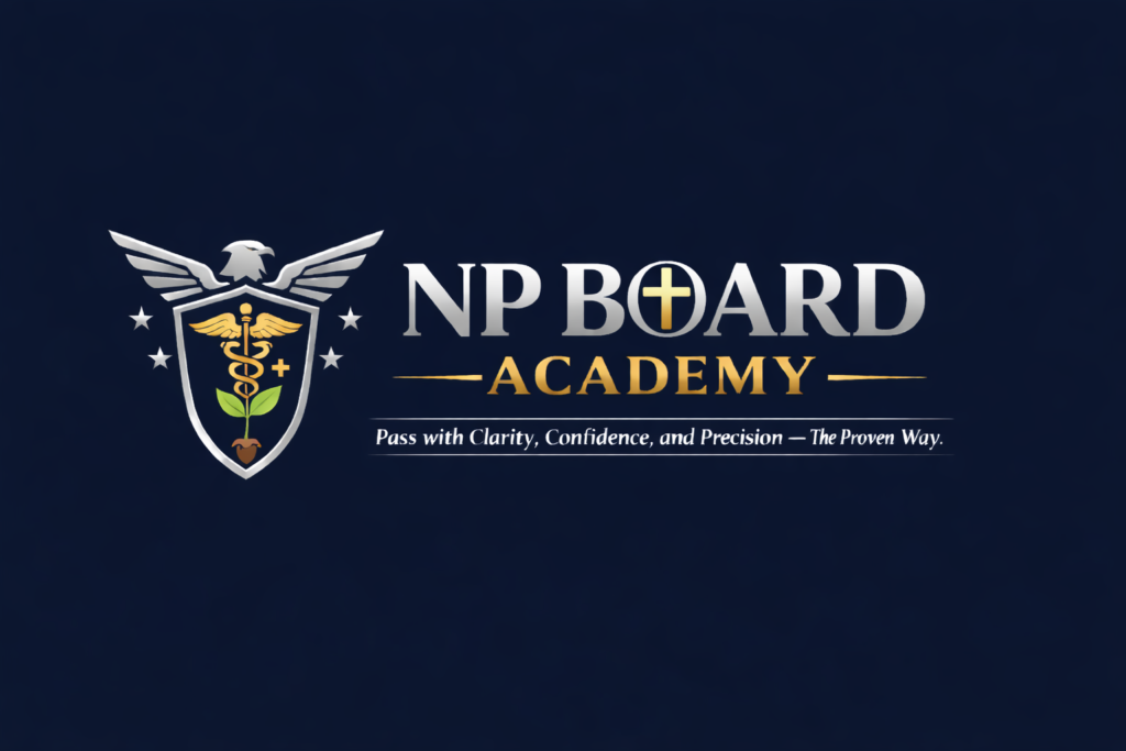 NP Board Academy logo with a winged medical shield, brain icon, and the tagline “Pass with clarity, confidence, and precision.