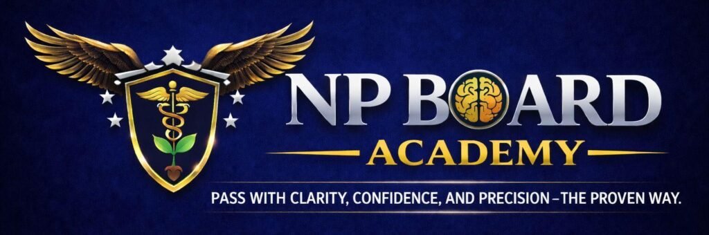 NP Board Academy logo with a winged medical shield, brain icon, and the tagline “Pass with clarity, confidence, and precision.