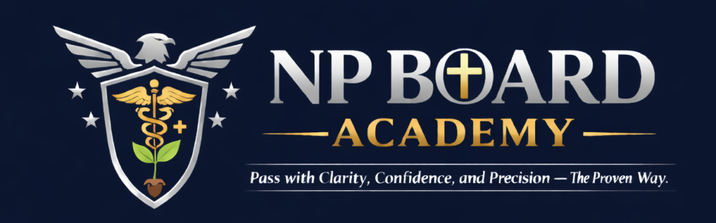 NP Board Academy logo featuring an eagle, medical shield, cross symbol, and the tagline “Pass with Clarity, Confidence, and Precision The Proven Way.”